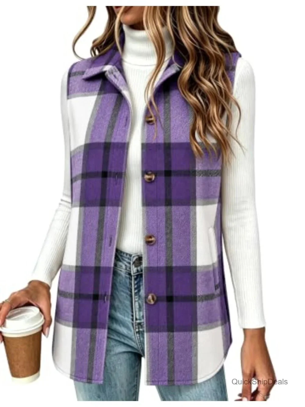Women's Flannel Plaid Vest Sleeveless Button Down Lapel Collar Lightweight